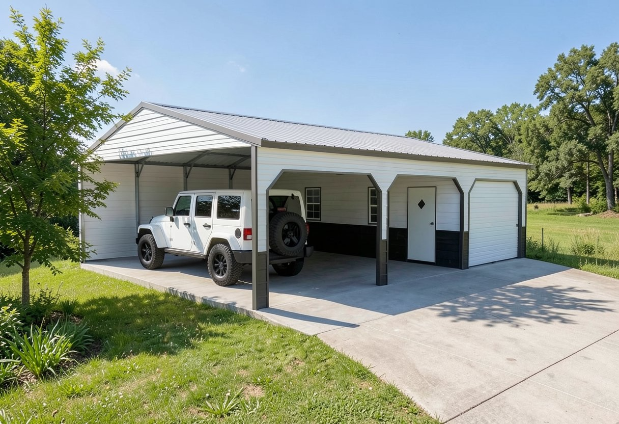 White metal garage and carport with a white Jeep parked in front, surrounded by green lawn and trees